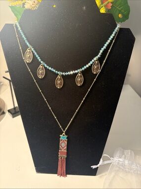 Boho Turquoise Bead & Tassel Necklace set